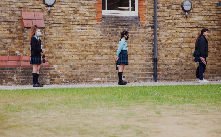 St Margarets School Pupils lining up for lunch maintaining social distancing
