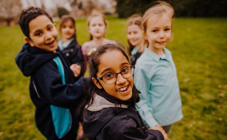 St Margarets School Lower Junior Outdoor Learning pupils team bonding outside