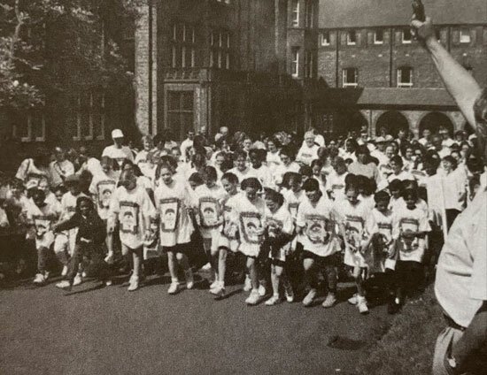 Outside the front of St Margarets School 1997 where a Charity Run by local school children is setting off
