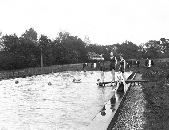 St Margarets School outside swimming pool with a group of female swimmers in 1926