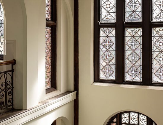 The stained glass windows within the Waterhouse building at St Margarets School Bushey