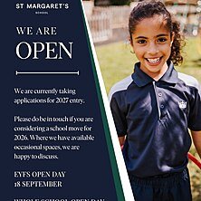 School’s out for summer, but across July and August, Admissions are open and receiving registrations. If you are considering a late application for 2026 entry, including for Sixth Form, please do be in touch, we would be happy to talk through availability. If you would like to visit, our next Open Days take place across 18-19 September. Visit the admissions page of our website to register: link in bio.

#StMargaretsSchool
.
.
.
#StMargaretsHertfordshire #StMargaretsBushey #StMargaretsNursery #TheNursery #earlyeducation #nurseryschool #kindergarten #preschool #busheylife #busheymums #independentschool #schoollife #education #boardingschool #watford #stanmore #radlett #harrow #watfordmums #watfordlife #pinnermums #pinnerparents #preplife #prepschool #rickmansworthmums #stanmoremums