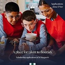 Every pupil has their own talents, interests and ambitions. At St Margaret’s, our scholarship programme offers opportunities for pupils to develop their strengths, explore their potential and take their talents even further.

From sport, music and dance to drama, art, STEM and DT, subject scholarships are available at 11+, 13+ and 16+. If your child is passionate about their interests and eager to develop their talents, we’d love to hear from you.

Applications for Year 7 and Year 9 scholarships for September 2027 entry close on 5 November 2026, with entrance and scholarship assessments taking place in mid-November.

Find out more and register via the Admissions link in our bio.

#StMargaretsSchool #Scholarships #ScholarshipOpportunities #NurturingTalent